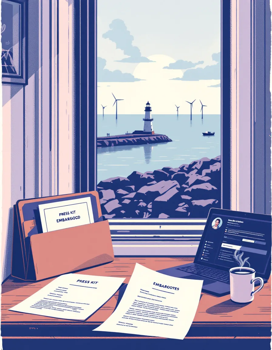 Riso-print illustration of a press kit stamped embargoed on a desk by a window, Gloucester harbor and a foggy lighthouse outside at dawn.